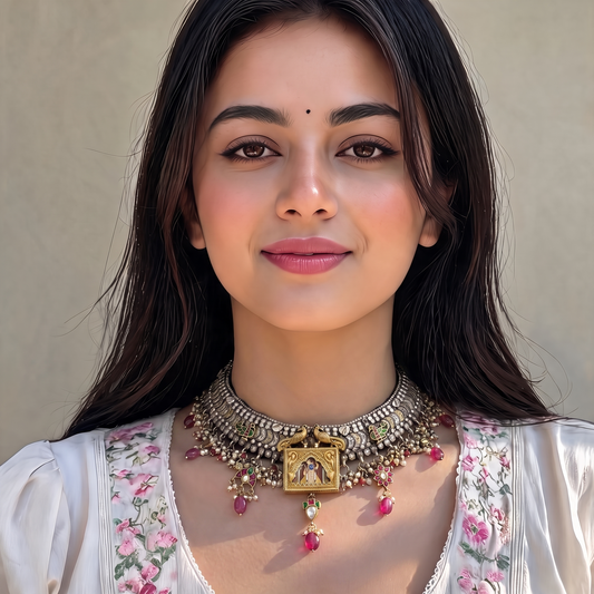 Shrinathji Oxidised temple silver choker