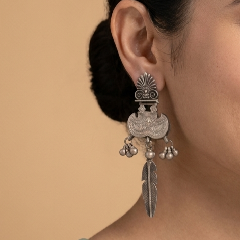 Leaf Motif Long Oxidised Silver Earrings