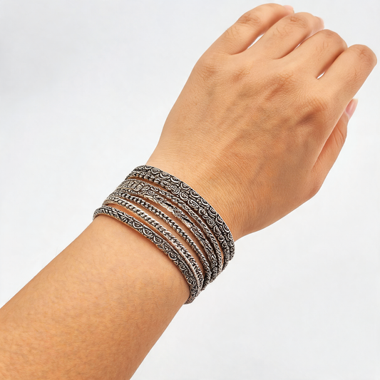 Oxidised Silver Bangles - Set of 12