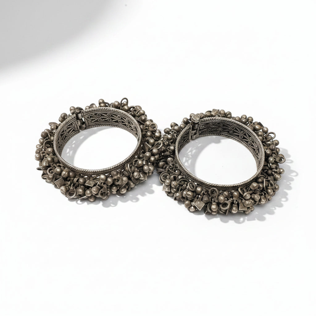 Vintage Oxidised Ghungroo Silver Bangles (Pair)