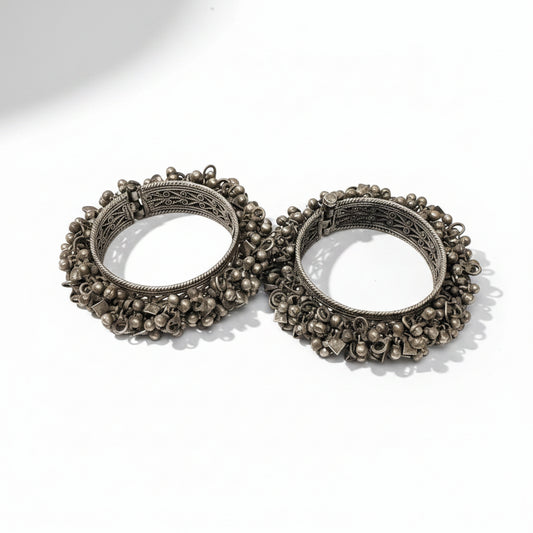 Vintage Oxidised Ghungroo Silver Bangles (Pair)