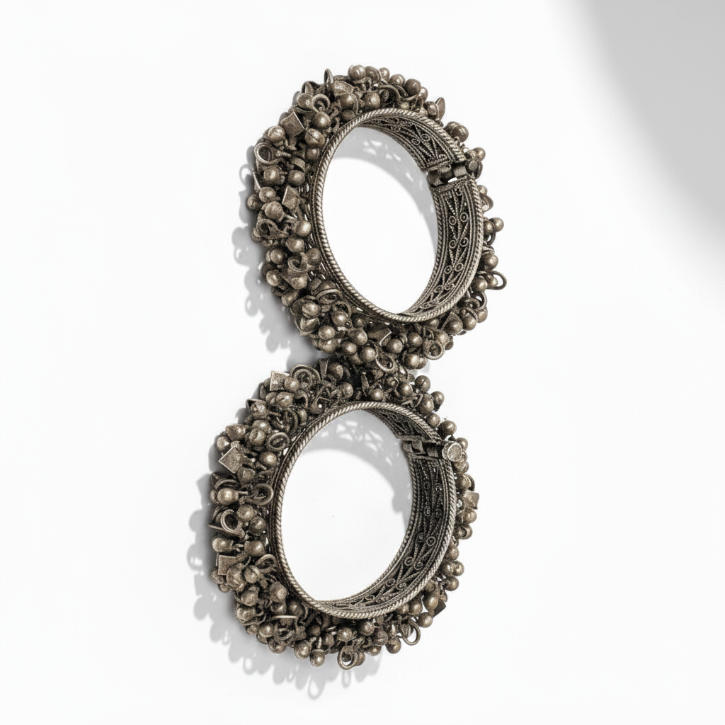 Vintage Oxidised Ghungroo Silver Bangles (Pair)