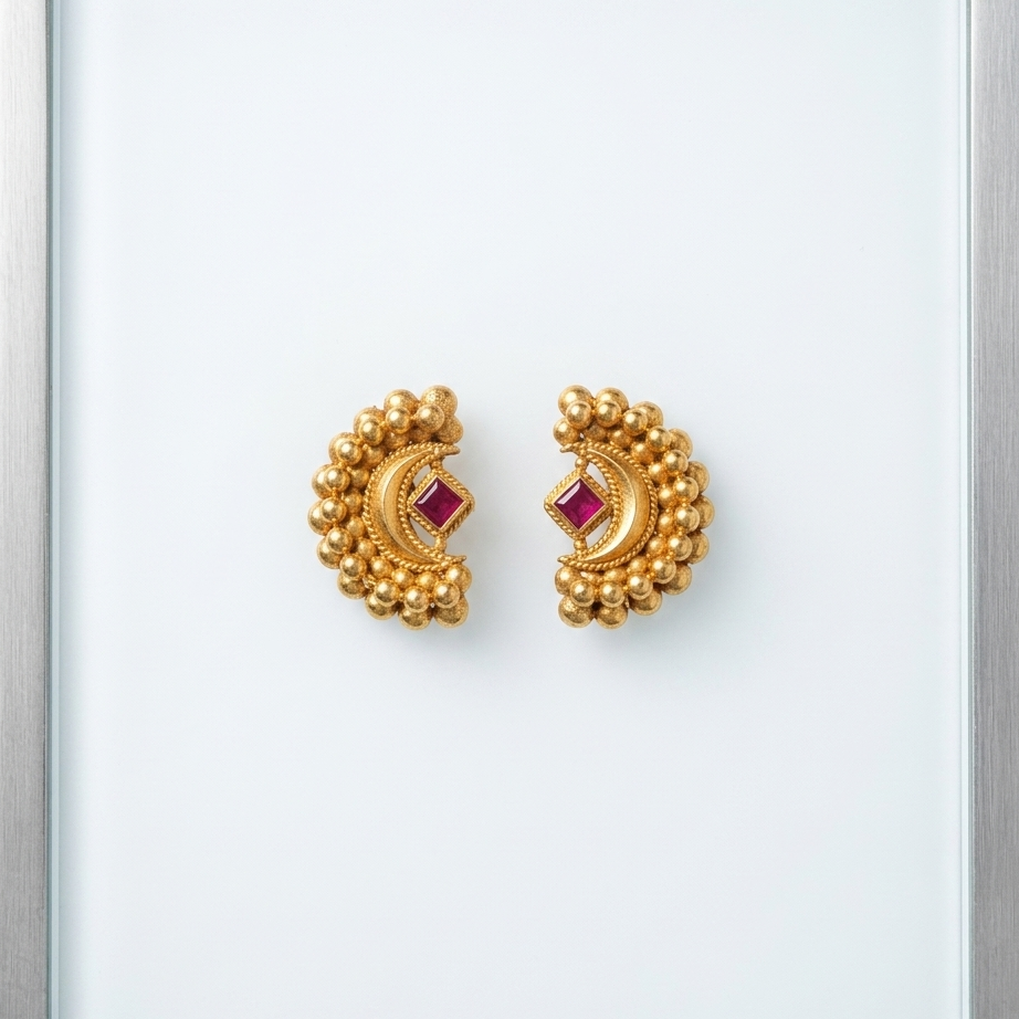 Chandrakor Red-Stone Gold-Polished Silver Stud Earrings