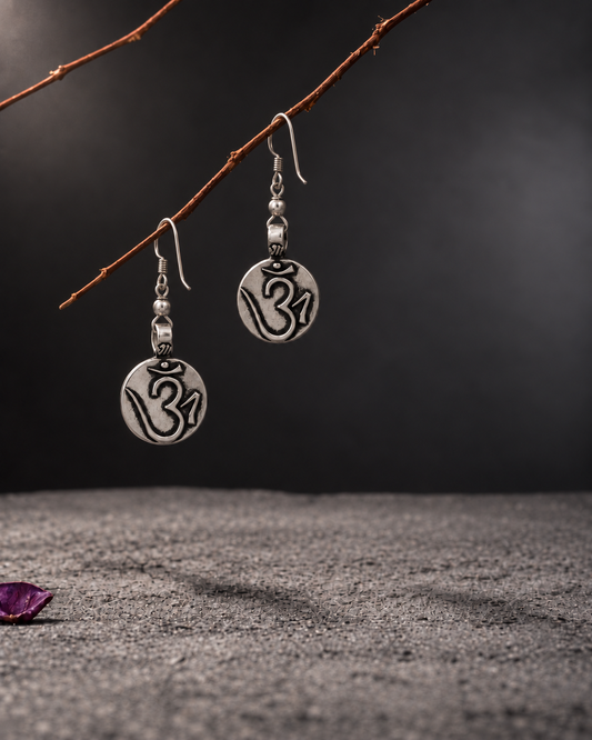 Om Motif Oxidised Silver Drop Earrings