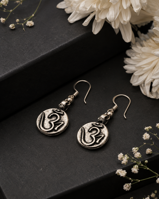 Om Motif Oxidised Silver Drop Earrings