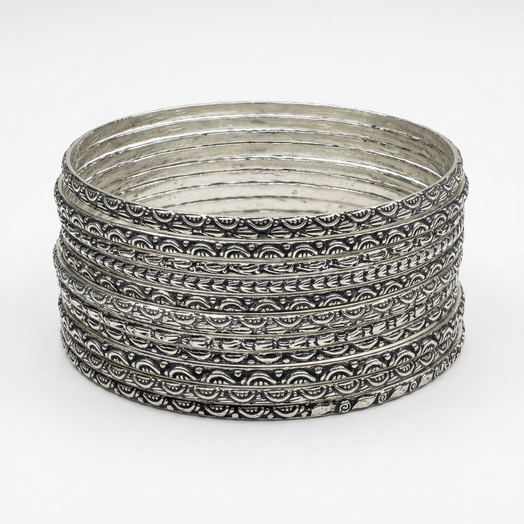 Oxidised Silver Bangles - Set of 12