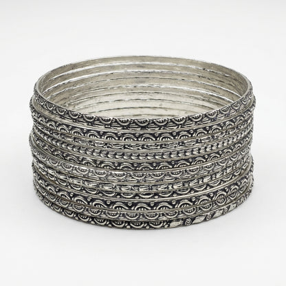 Oxidised Silver Bangles - Set of 12