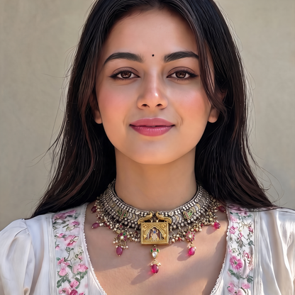 Shrinathji Oxidised temple silver choker