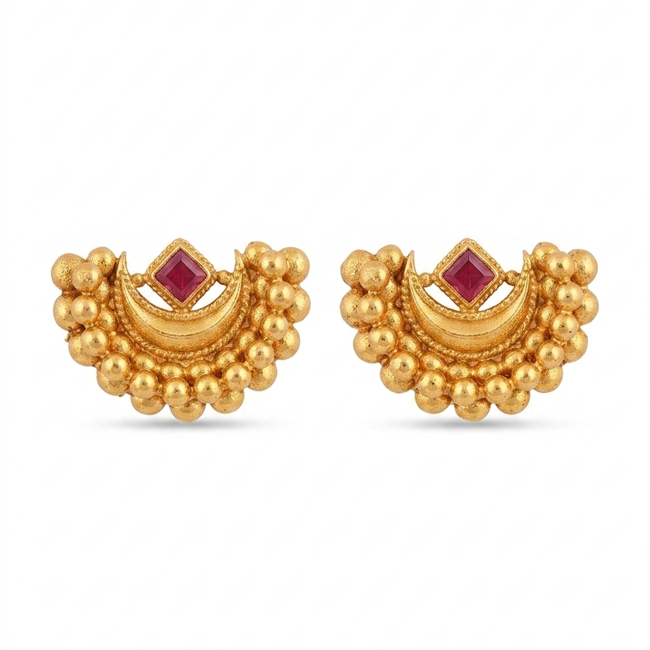 Chandrakor Red-Stone Gold-Polished Silver Stud Earrings