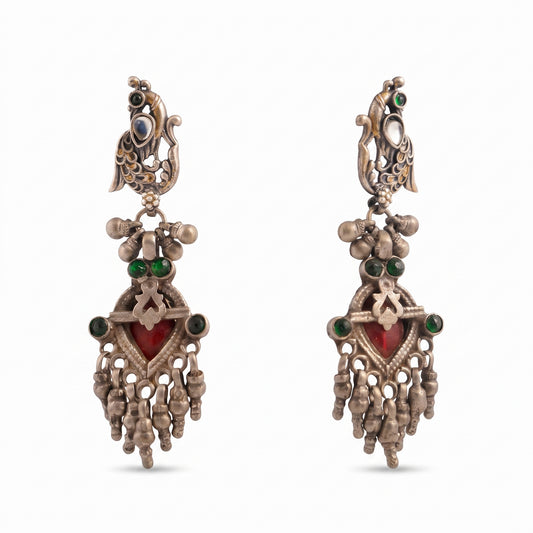 Regal peacock tribal silver earring