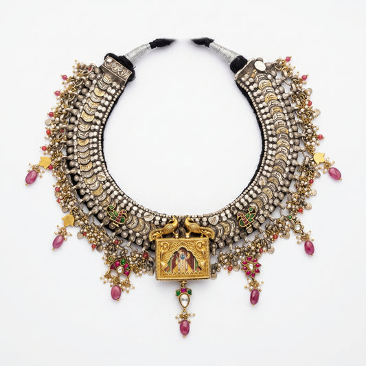 Shrinathji Oxidised temple silver choker