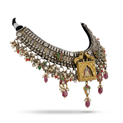 Shrinathji Oxidised temple silver choker