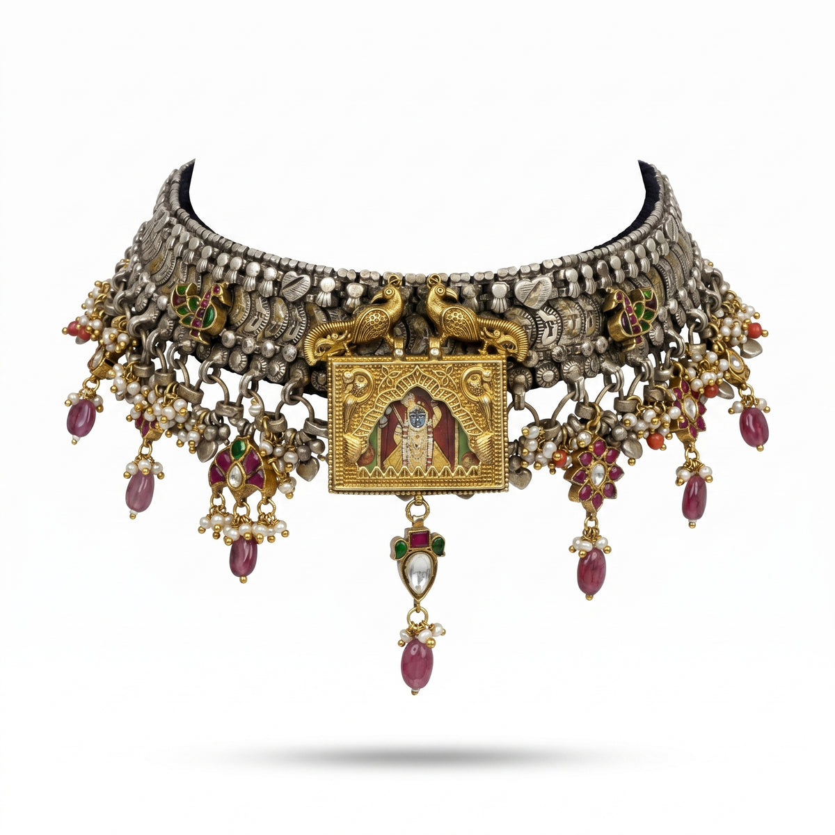 Shrinathji Oxidised temple silver choker