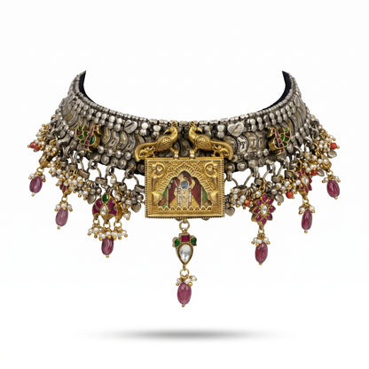 Shrinathji Oxidised temple silver choker