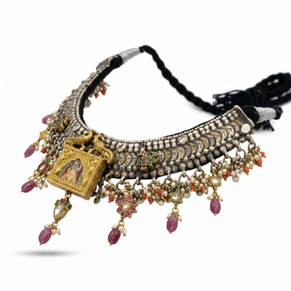 Shrinathji Oxidised temple silver choker
