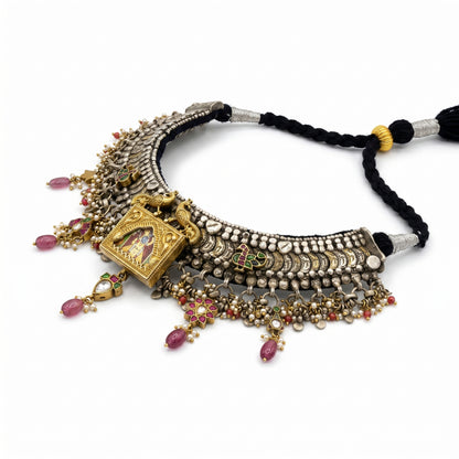 Shrinathji Oxidised temple silver choker