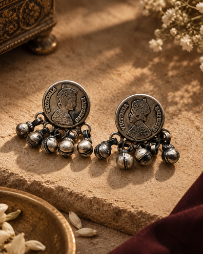 Ginni Coin Oxidised Silver Earrings