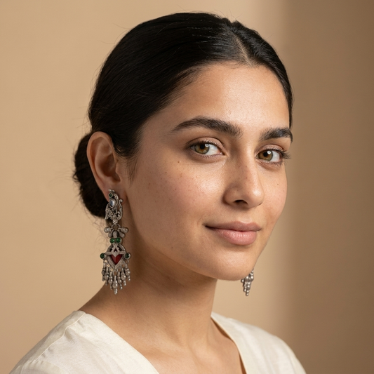 Regal peacock tribal silver earring