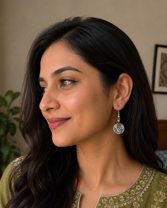 Om Motif Oxidised Silver Drop Earrings