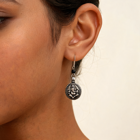Ganesh Motif Oxidised Silver Drop Earrings