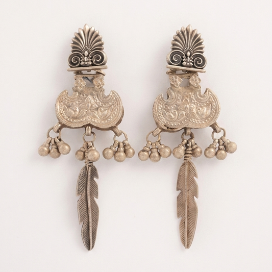 Leaf Motif Long Oxidised Silver Earrings