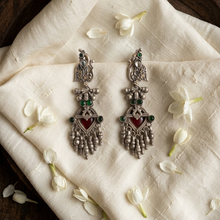 Regal peacock tribal silver earring