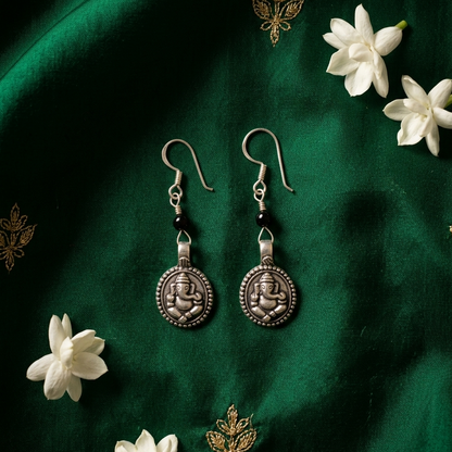 Ganesh Motif Oxidised Silver Drop Earrings