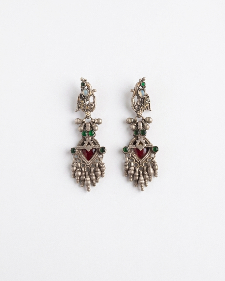 Regal peacock tribal silver earring