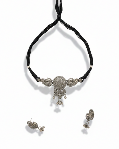 Mayurika Oxidised Silver Choker Set