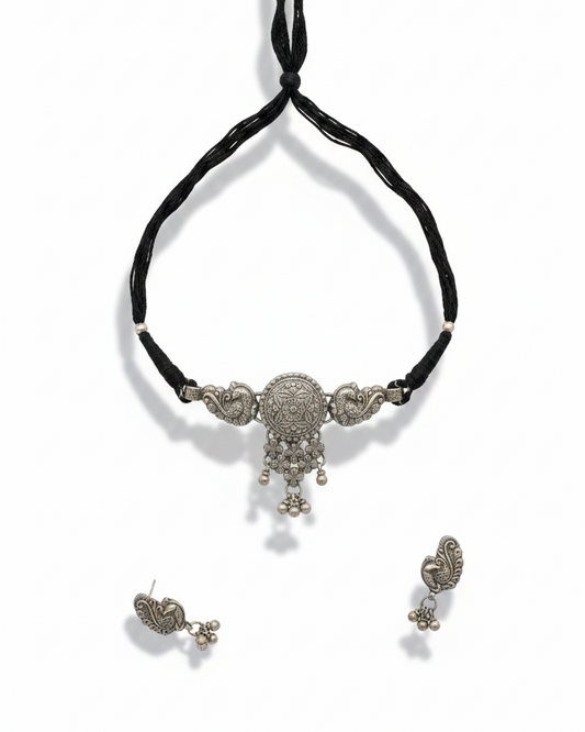 Mayurika Oxidised Silver Choker Set