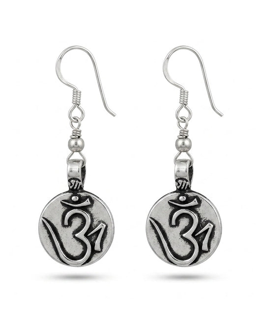 Om Motif Oxidised Silver Drop Earrings